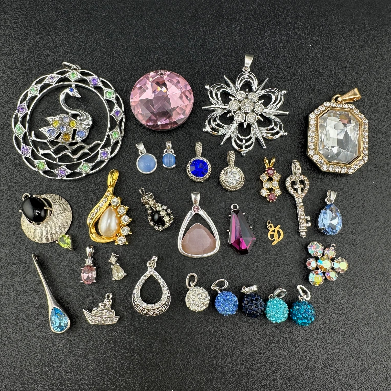 Vintage to Now Crystal Rhinestone Pendant Charm Lot of 28 Silver Gold Tone Mix