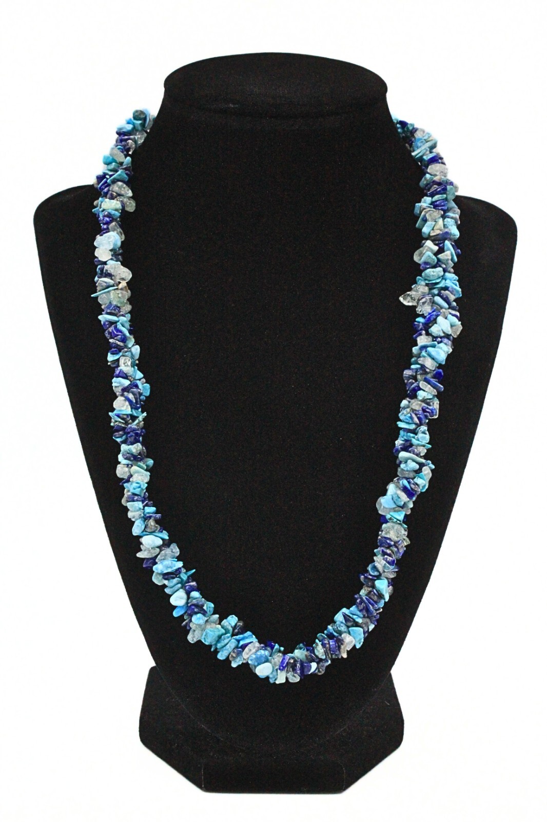 Stunning HSN Lapis Quartz Turquoise Nugget Beads Braided Rhodium Plate Necklace