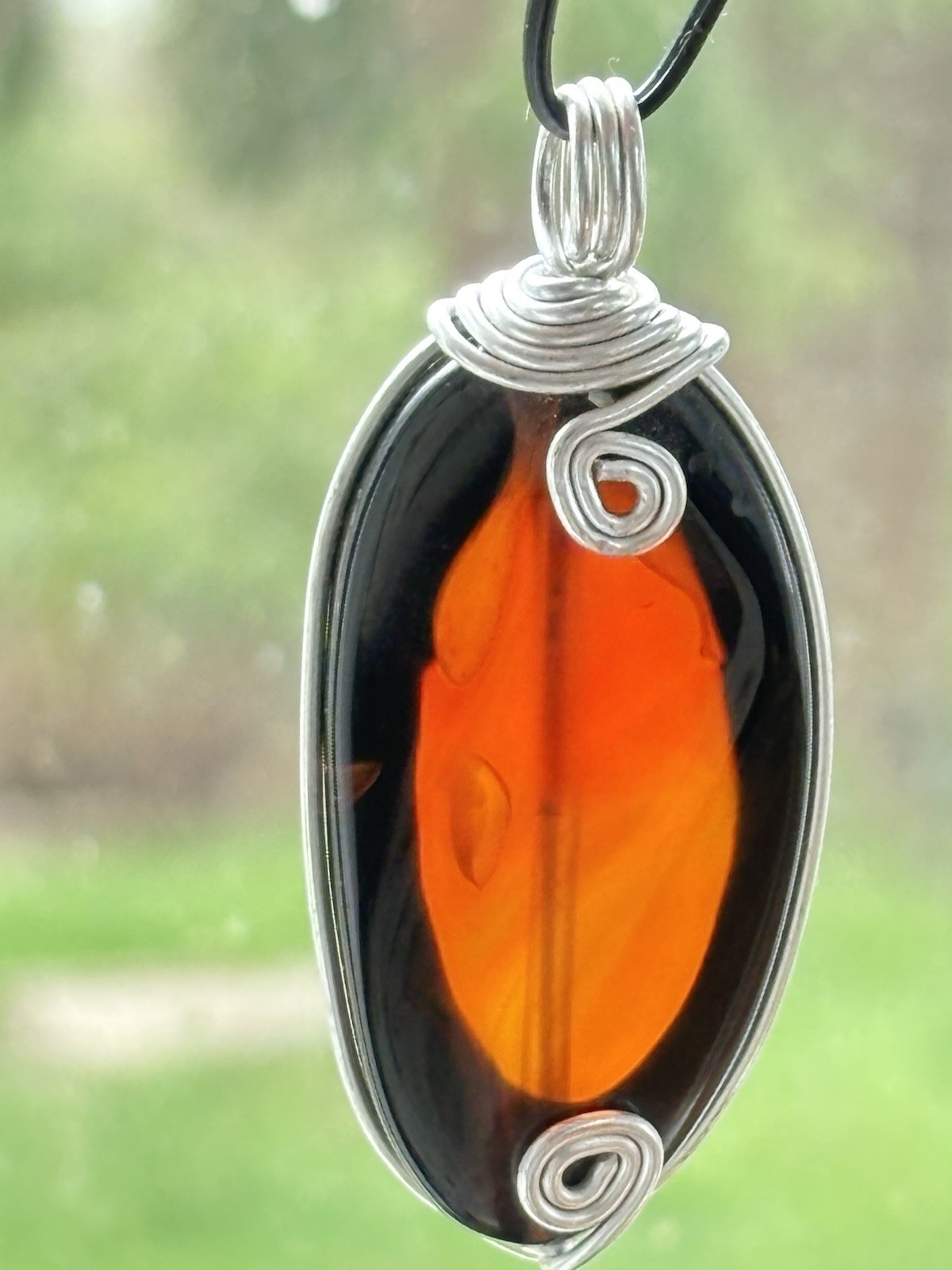 Handmade Wire Wrapped Pendant Dk Amber Orange Translucent Stone or Glass Artisan