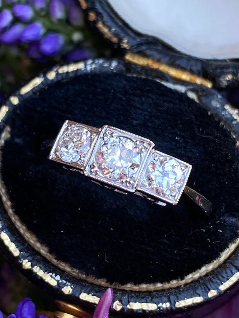 Three Stone 1 CTW White Round Simulated Diamond Vintage Wedding 925 Silver Ring