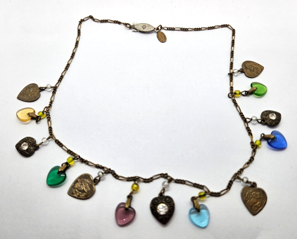 Vintage GLASS WORKS STUDIO Brass Multi Color Glass Heart Necklace 16″