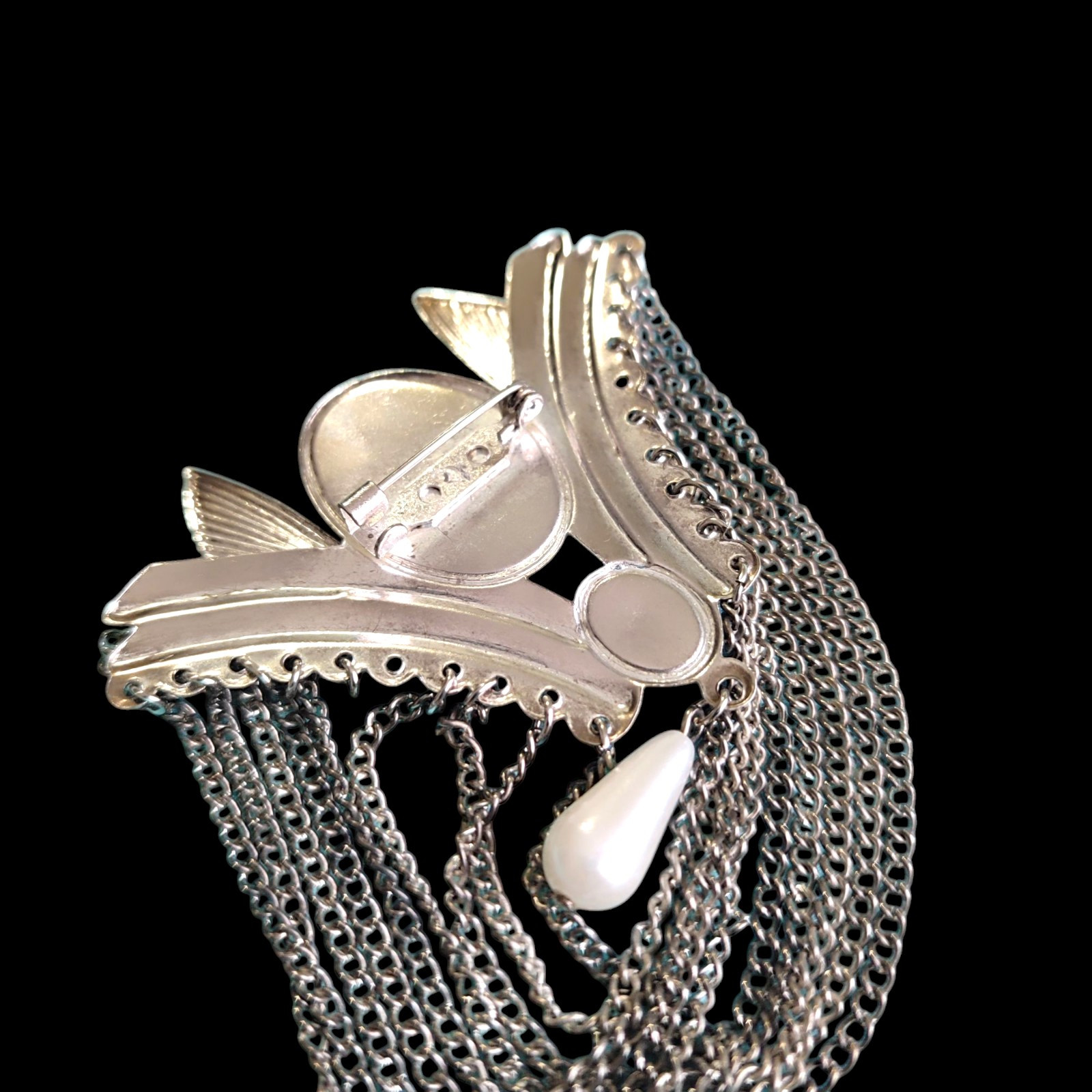 Art Deco Revival Style Porcelain Portrait Silver Tone Plate Brooch Pin