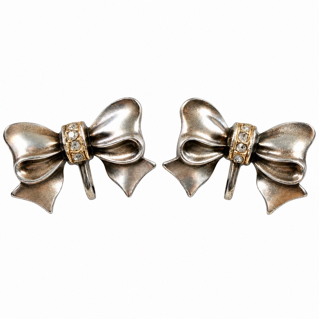 Vintage Sterling Silver Bow Ribbon Screw Back Earrings Rhinestone Accent 6.94g