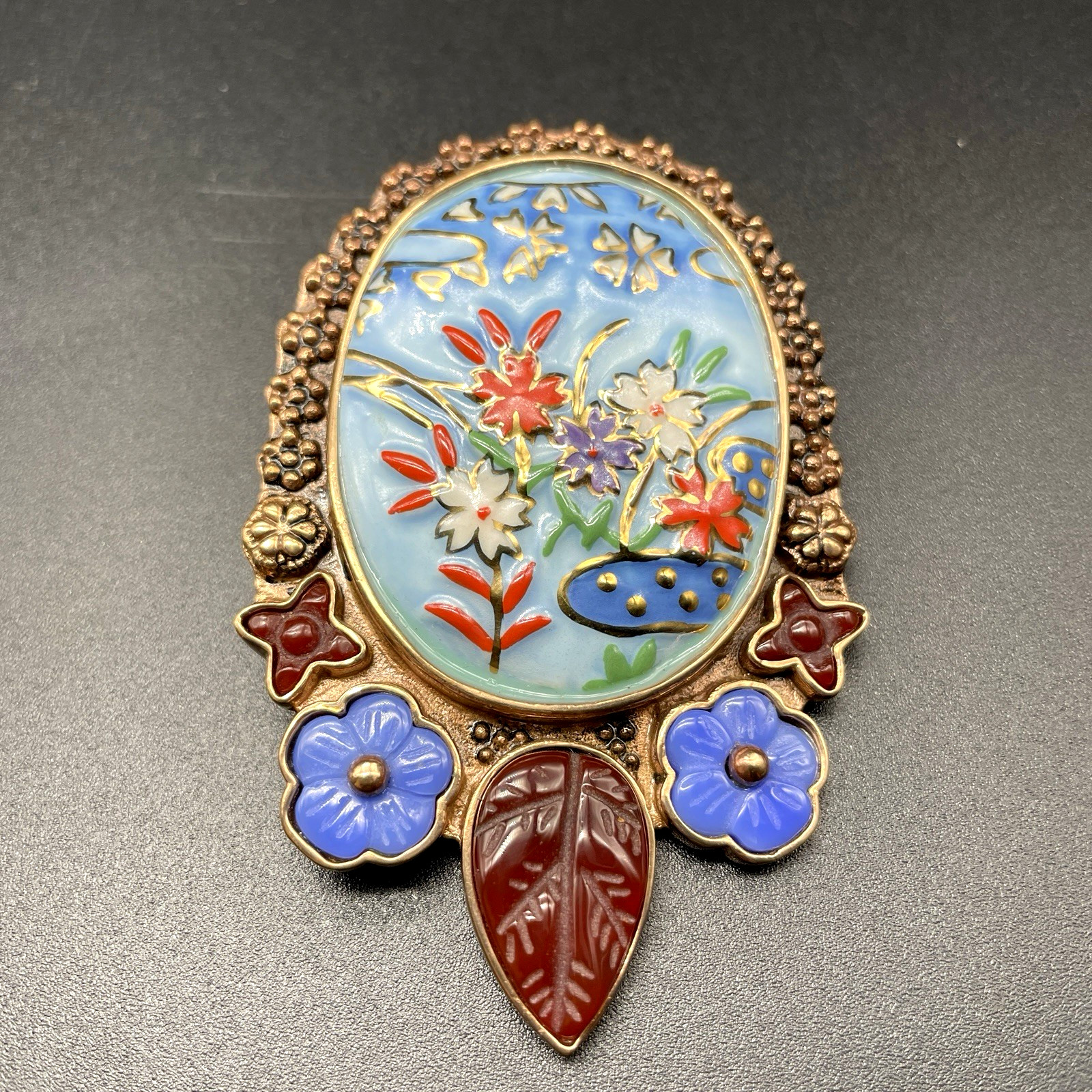 Amy Kahn Russell Bronze Enamel Multi-Gem Flower Lilypond Brooch Pendant AKR