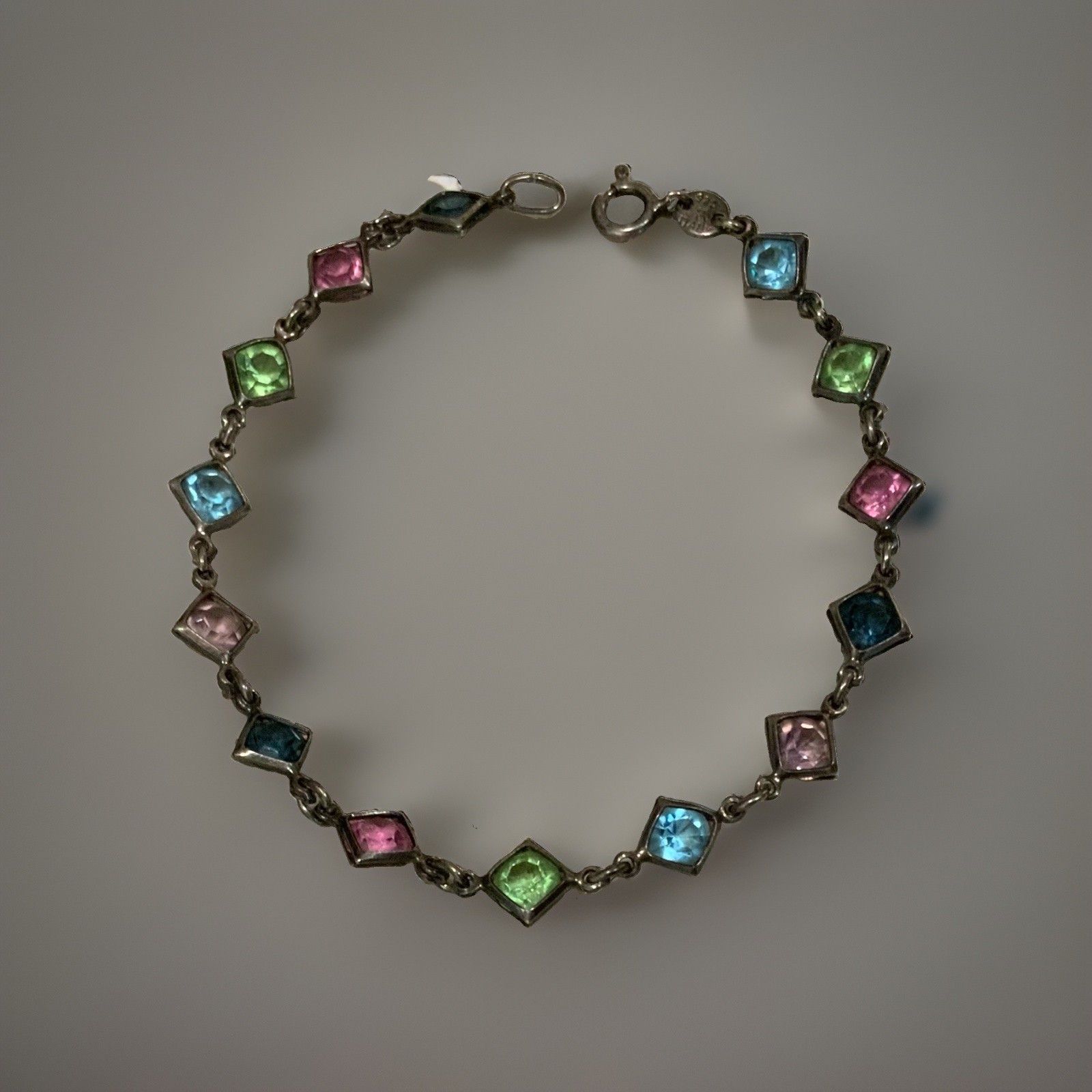 VTG ITALIAN STERLING SILVER BRACELET BEZEL SET MULTI COLOR GLASS STONES 7”