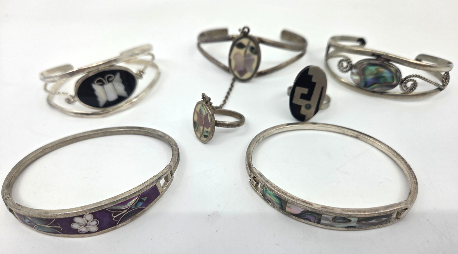 Vintage ALPACA Silver Inlaid Abalone & MOP Bracelets, Ring,& Bracelet Ring 6pc