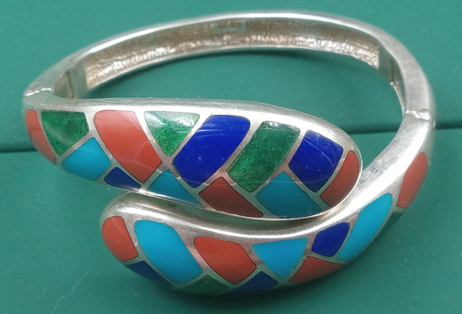Estate Silver Double Hinged Bracelet: enamel inlay great colors