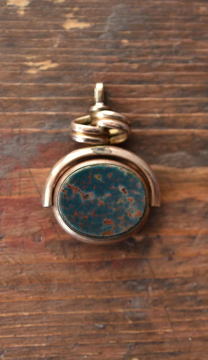 1880s 9K Gold Antique Victorian Spinning Watch Fob Pendant Bloodstone Carnelian
