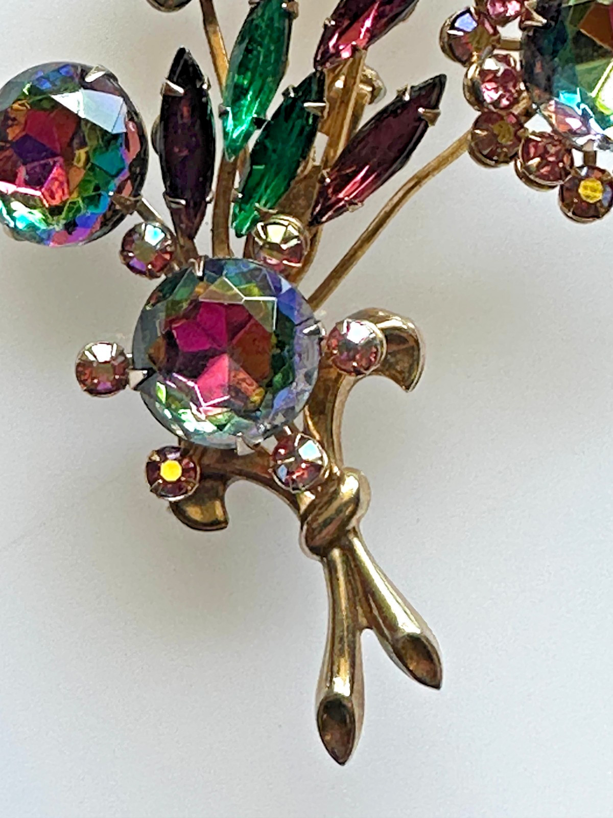 Vintage Large Watermelon AB Rhinestone Flower Bouquet Brooch Stunning Unsigned