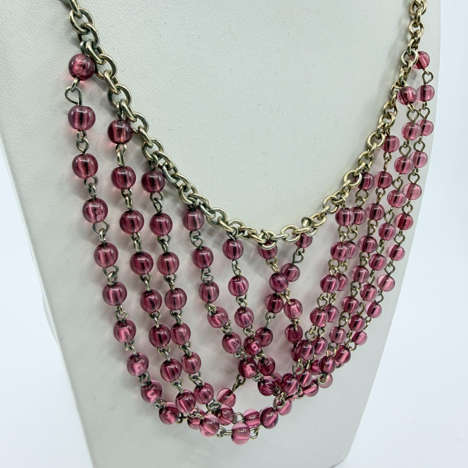 Necklace Vintage Gold Tone Pink Purple Bead Multi Strand Draped Statement Boho