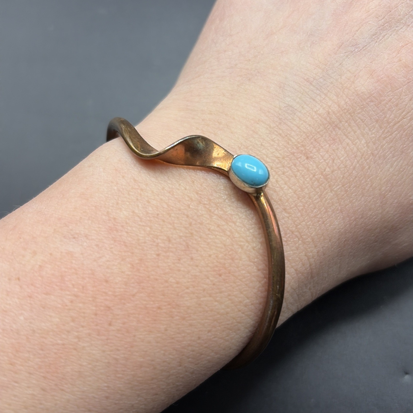 Vintage Copper Brass Turquoise Bracelet Cuff 2.5”W Wave Southwest Skeets Signed