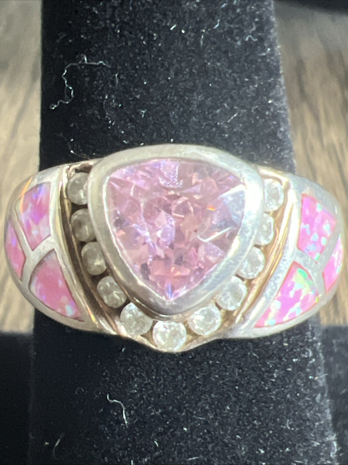Stunning 925 Sterling Silver Pink Trillion Cut Ring with Inlay & Accents