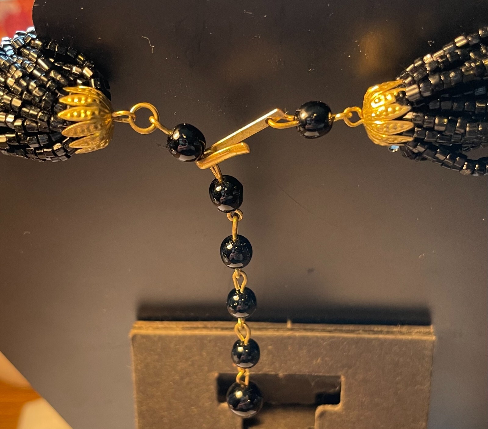 Vintage Black Seed Bead Art Deco Multi Strand Necklace 16” with 3” Extender
