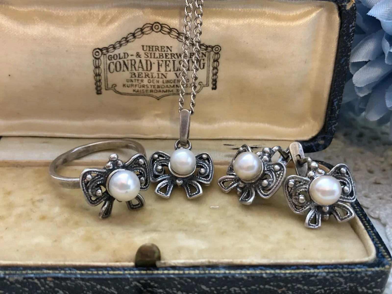 Estate Vintage Soviet Set Earrings Ring & Pendant Sterling Silver 925 Pearl USSR
