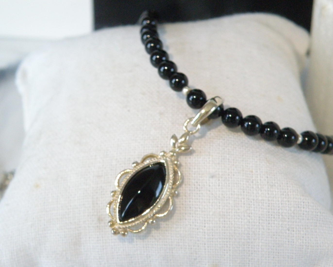 Vintage Sterling Silver 925 Black Onyx Station Bead Necklace