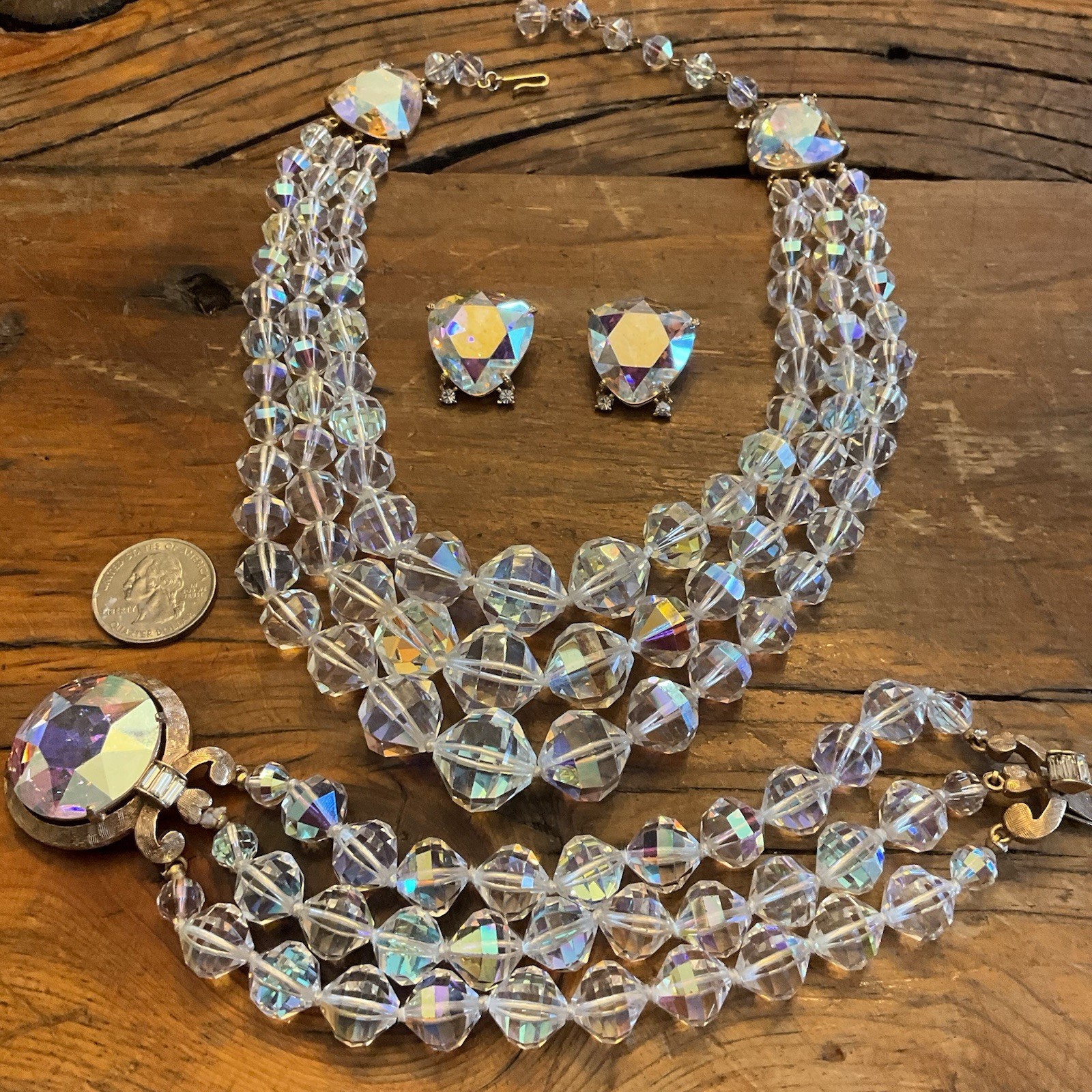 Vintage Laguna LARGE AB Faceted Crystal Glass Bead Necklace Bracelet Earring SET