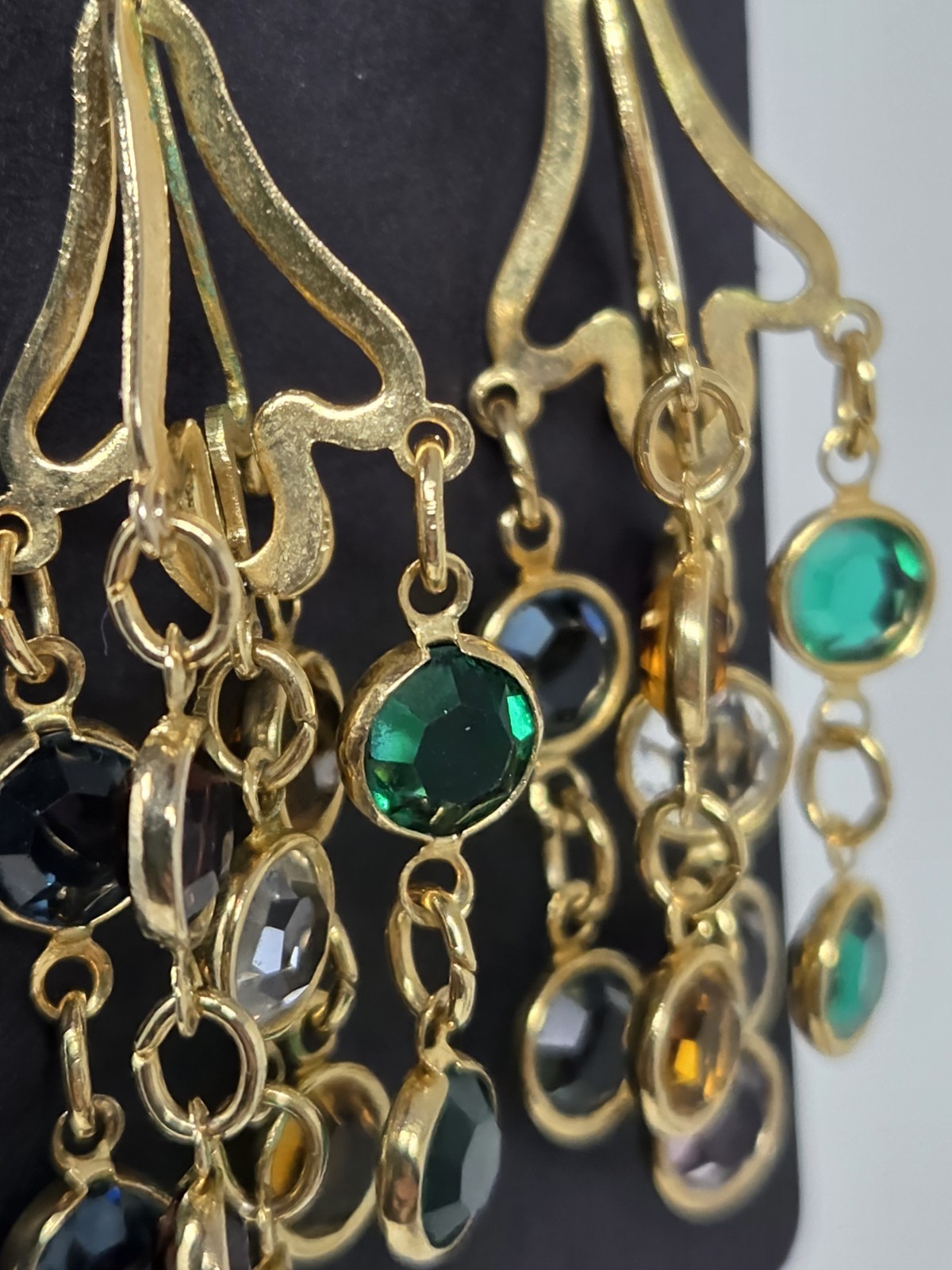 Multicolor Bezel Crystal Dangle Drop Earrings Multi-strand Vintage Unsigned