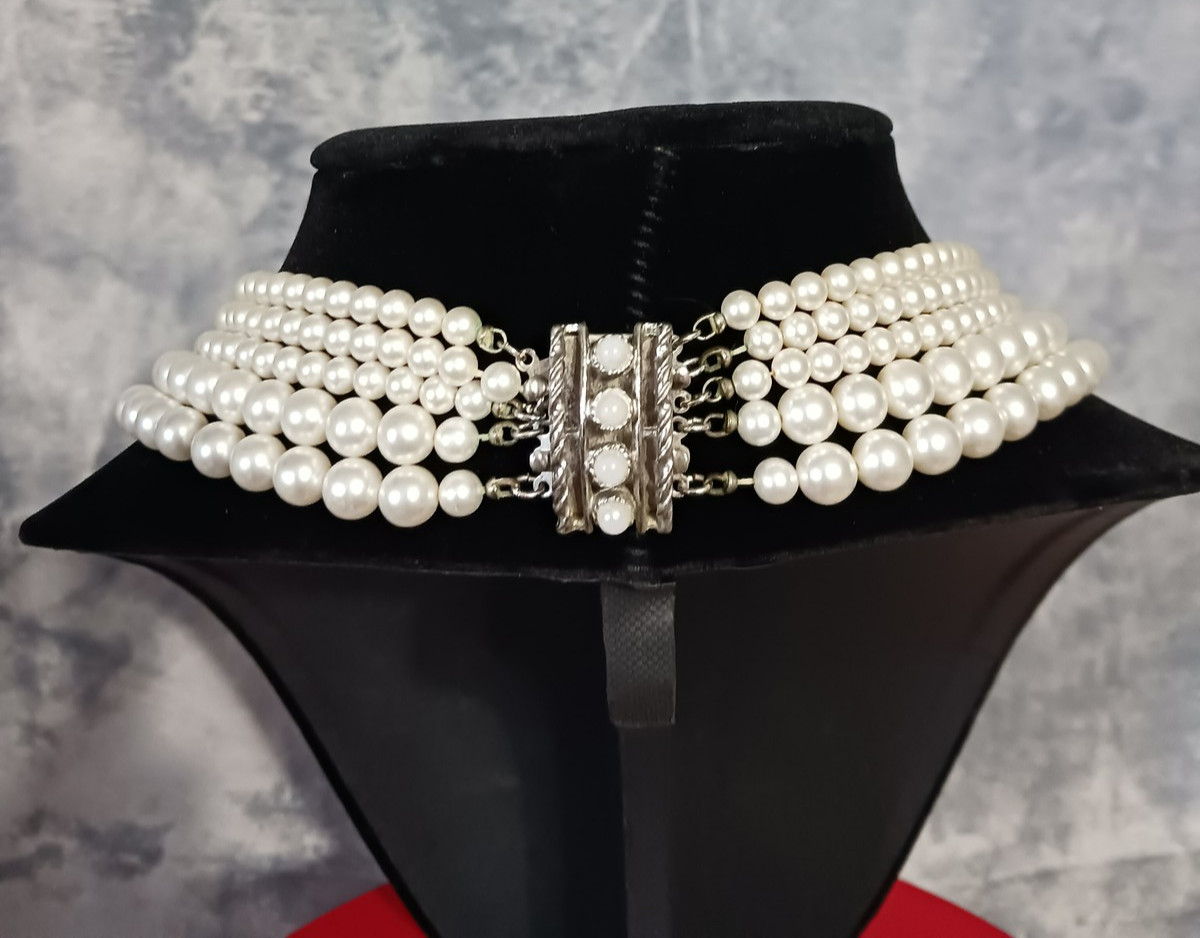 Vintage Sarah Coventry Multi Strand Faux Pearl Necklace Choker Silver Clasp 16in