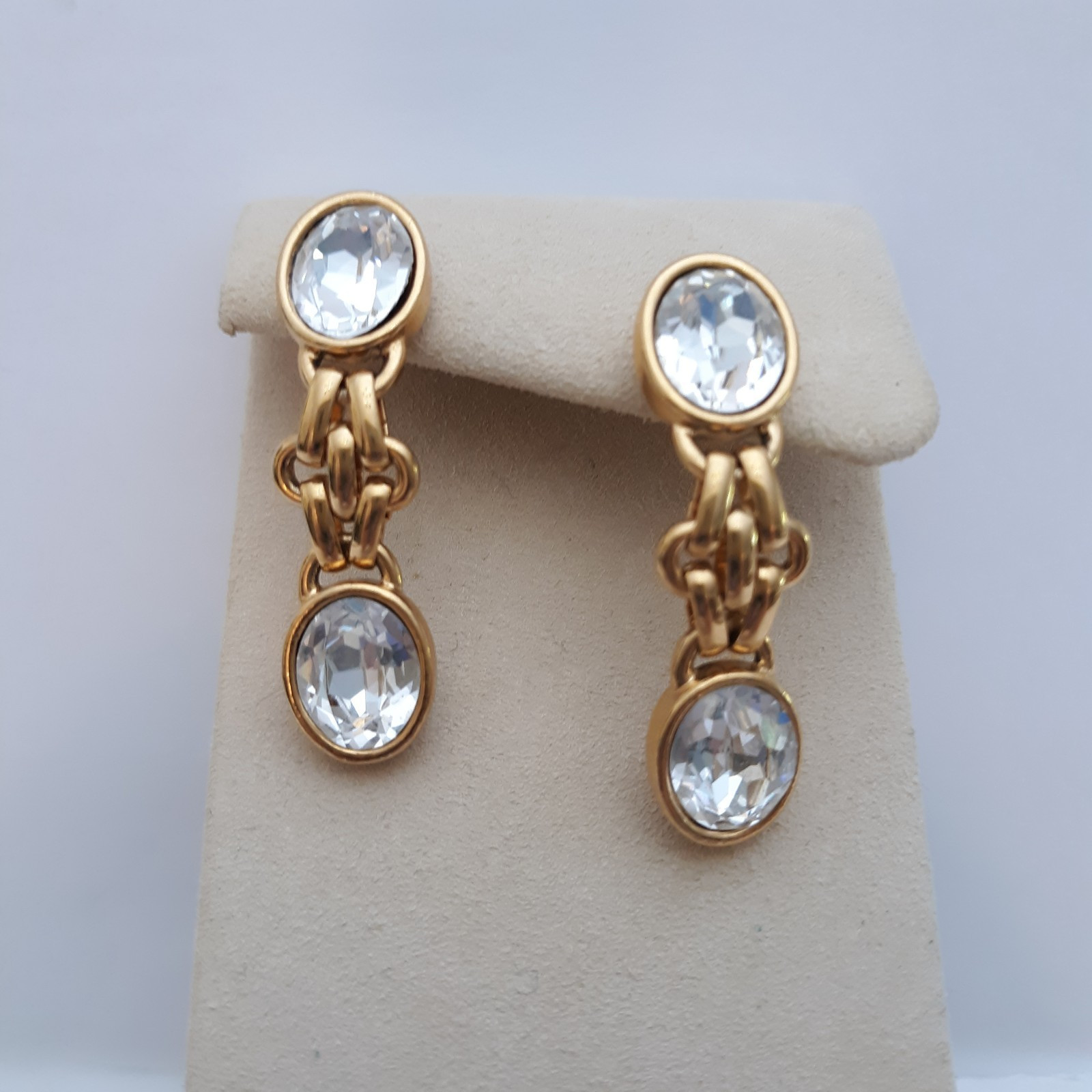 Vintage Chain Dangle Earrings Double Faceted Rhinestones Gold Tone Pierced
