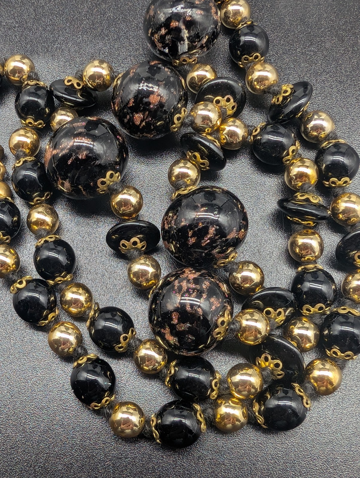 Vintage Hand Knotted Gold Tone Black & Copper Aventurine Art Glass Bead Necklace