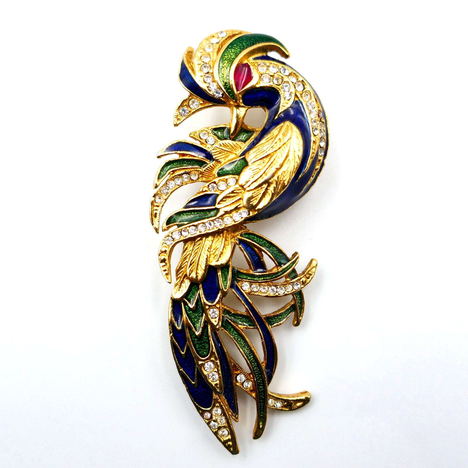 Sphinx Bird of Paradise Pin Brooch 3″ Enamel Rhinestone England Vintage