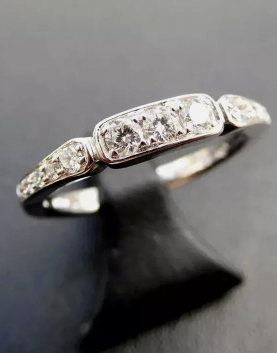 Vintage 1/3CTW White Round Cut CZ Art Deco Antique Band Wedding 935 Silver Ring