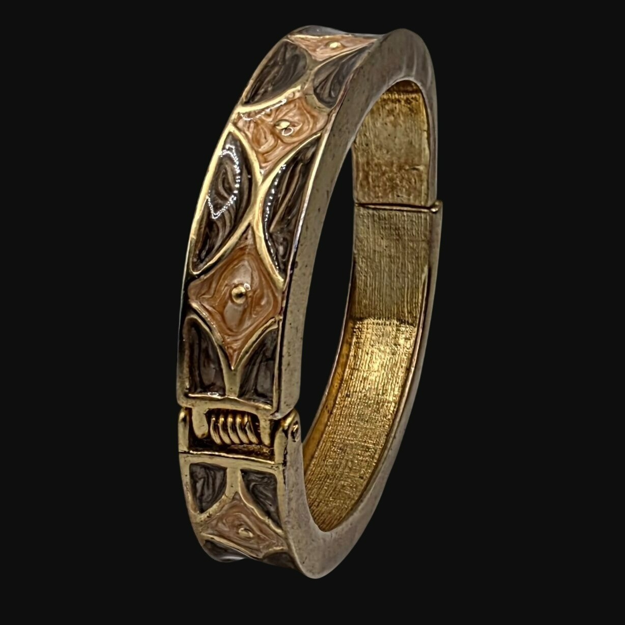 Vintage Gold-Tone Hinged Bangle Bracelet Brown Peach Enamel Geometric Cuff Boho