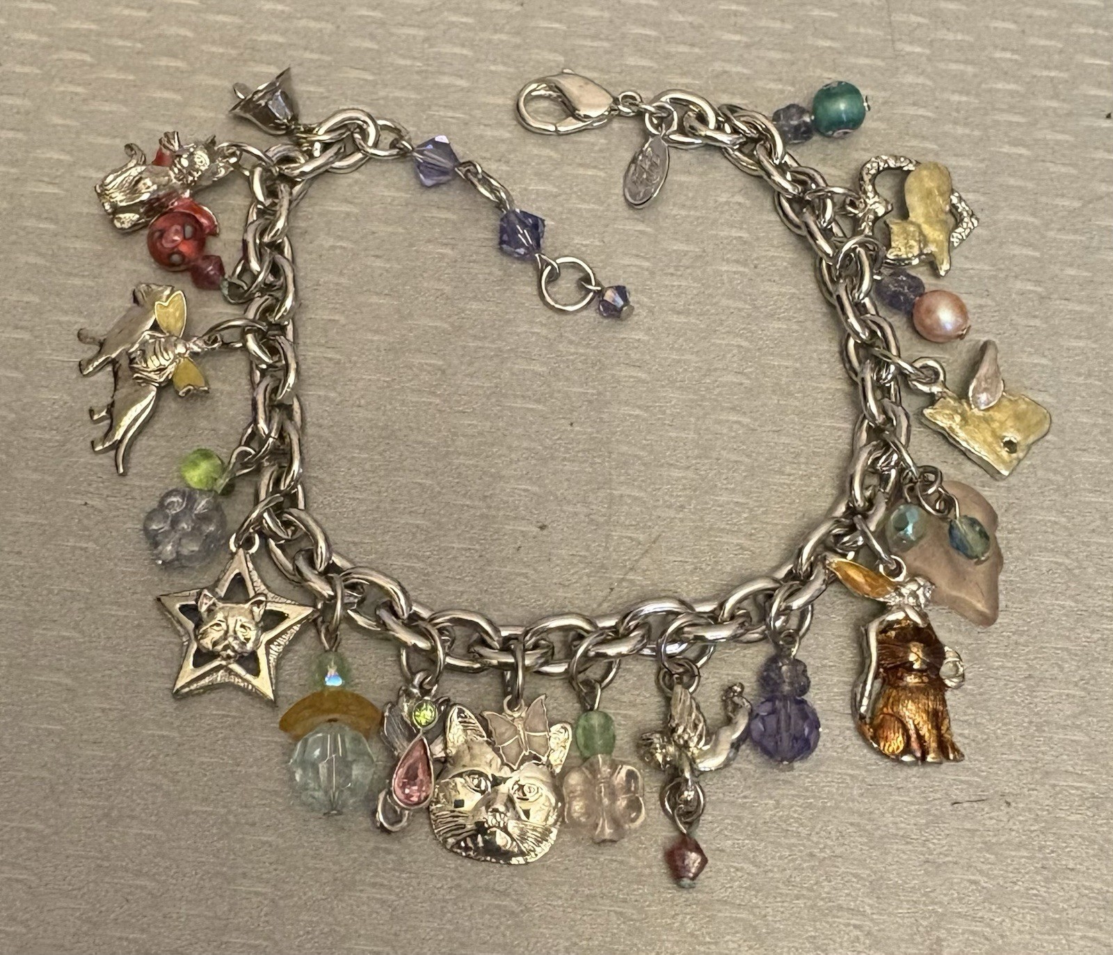 Vintage Kirks Folly Cat Lover Garden Fairies Whimsical Charm Bracelet Silvertone