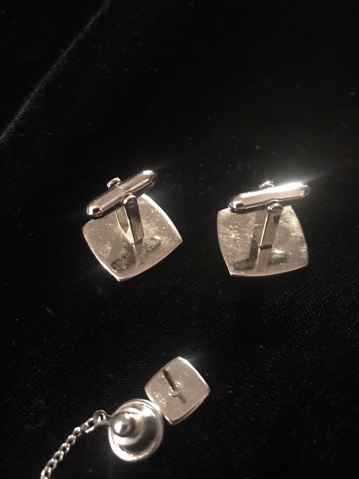 HADLEY Silvertone Square Cufflinks Matching Tie Tack Designer SIgned vtg