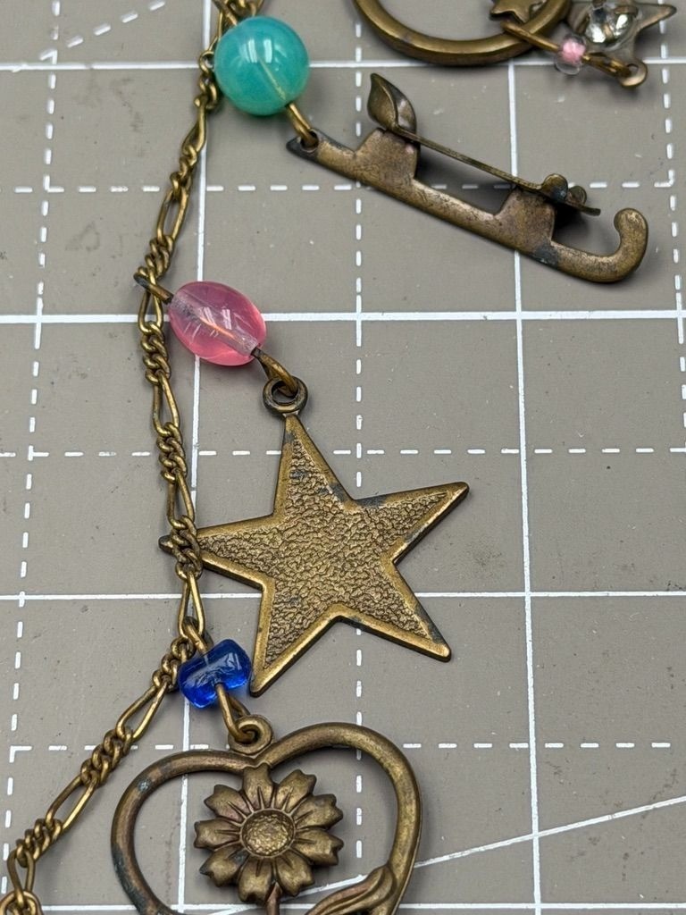 Vintage Glass Works Studio Charm Necklace Brass Glass Hearts Eagle Moon Stars