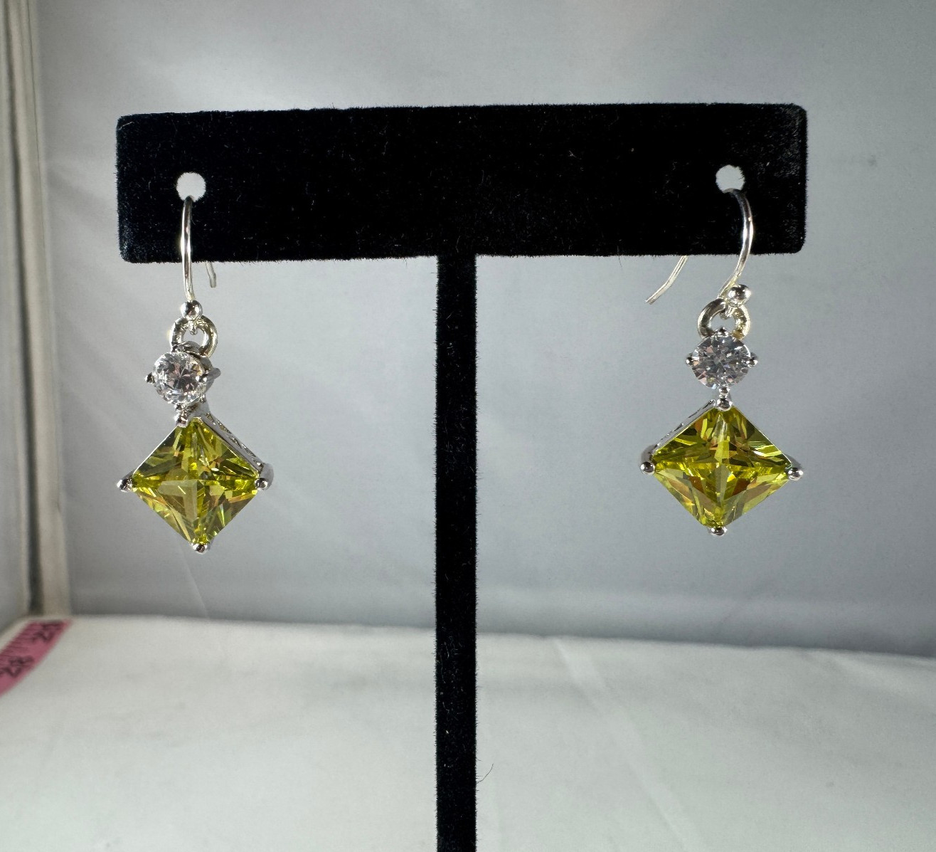 Sterling silver vintage citrine and cubic zirconia pierced dangle earrings