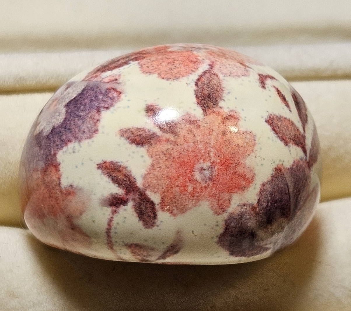 Chunky Vintage Silver Tone Ring w/ Floral Ceramic Center Pinks & Purples Sz 7