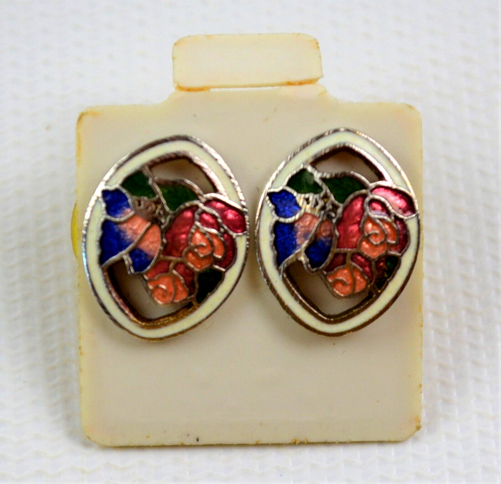 New Vtg Enamel Coated Pierce Post Earrings Pink Flower & Blue Butterfly 1/2 inch