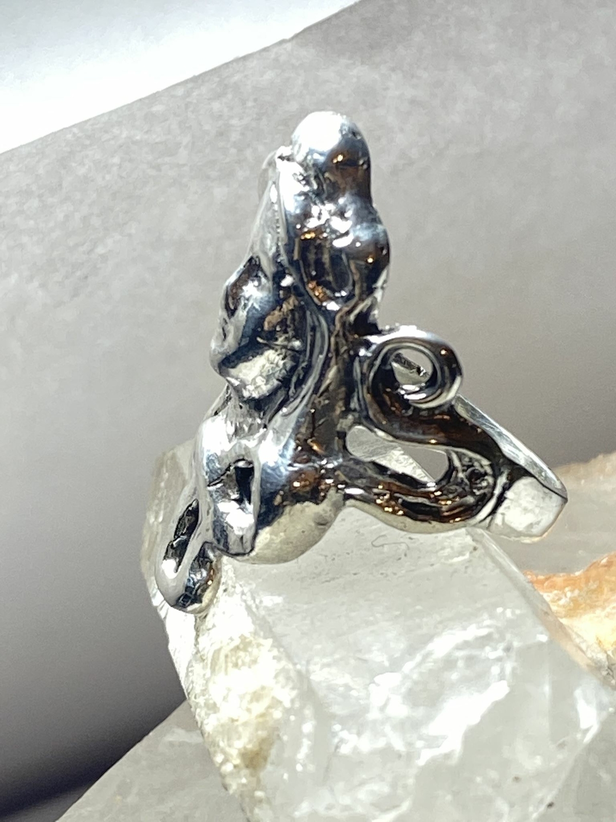 Face ring with long hair art deco influences sterling silver