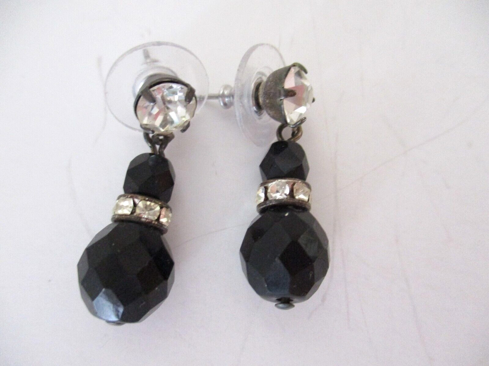 Vintage Dangle Drop Post Earrings Faceted Black Glass Beads & Rhinestones