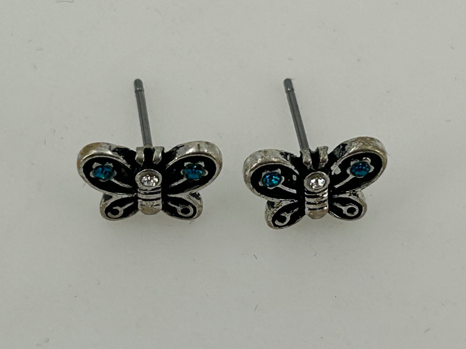 Butterfly Stud Earrings Silver Tone Metal 1.5cm x 1cm Rhinestone Accents