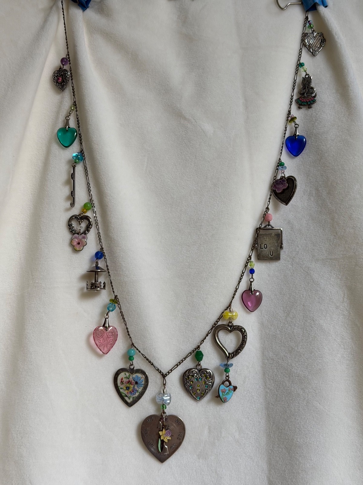 Vintage Glass Works Studio 32″ Multi Charm Necklace Love Me Spinner I Love You G