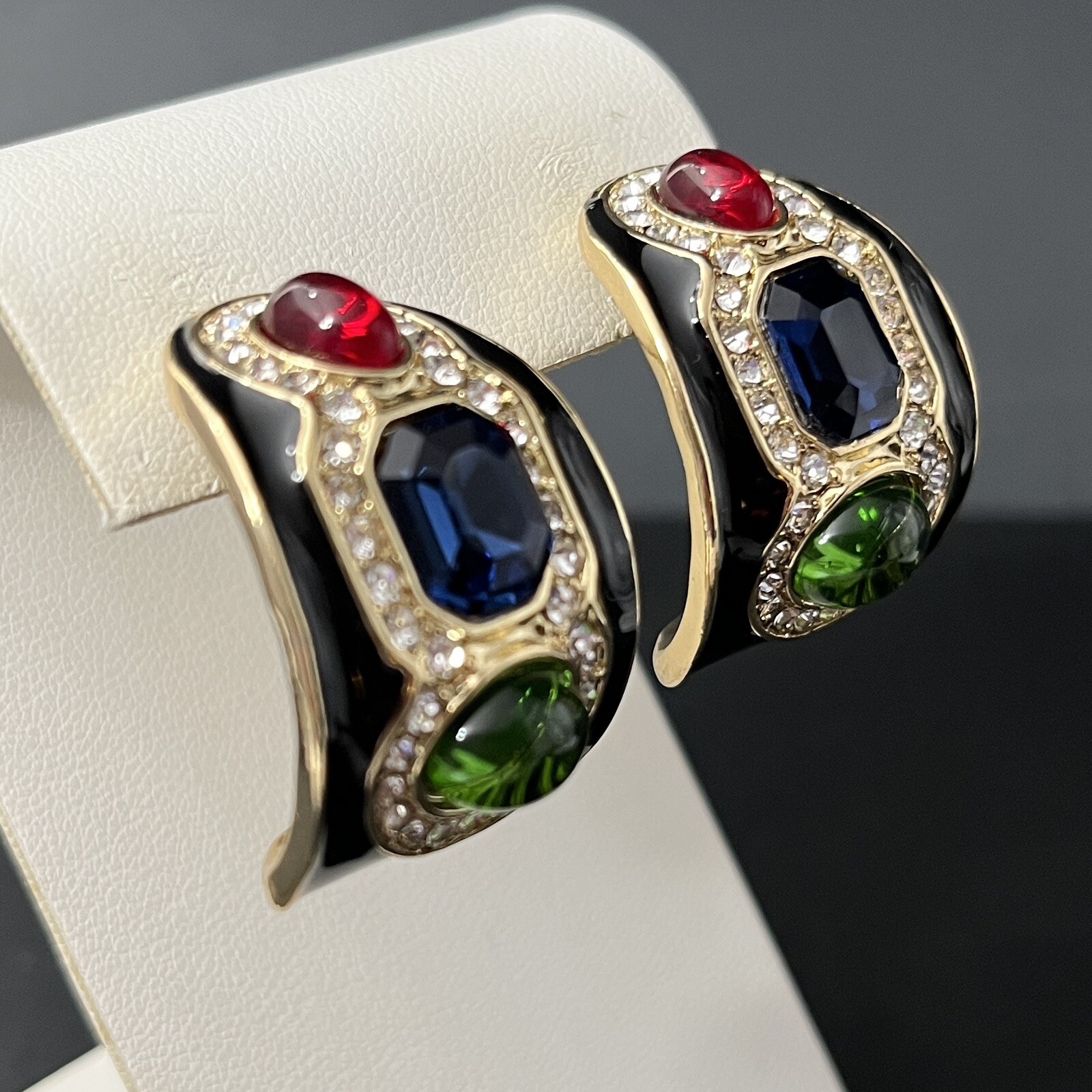 Gripoix Glass Cabochon Earrings Gold Tone Multicolor Half Hoop Huggie Pierced