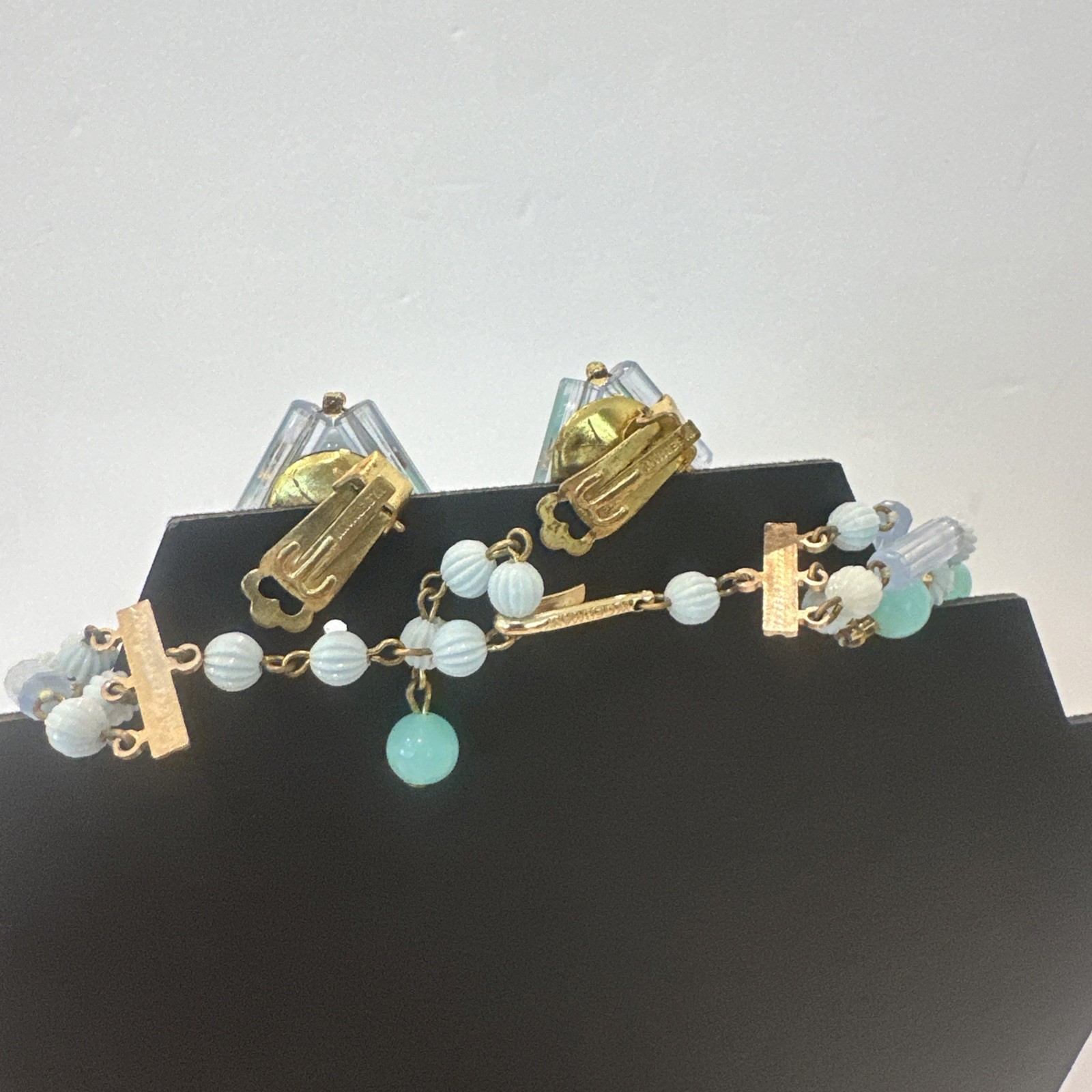 W Garnany Beaded 3 Strand necklace and Clip On Earring Set Mint Blue