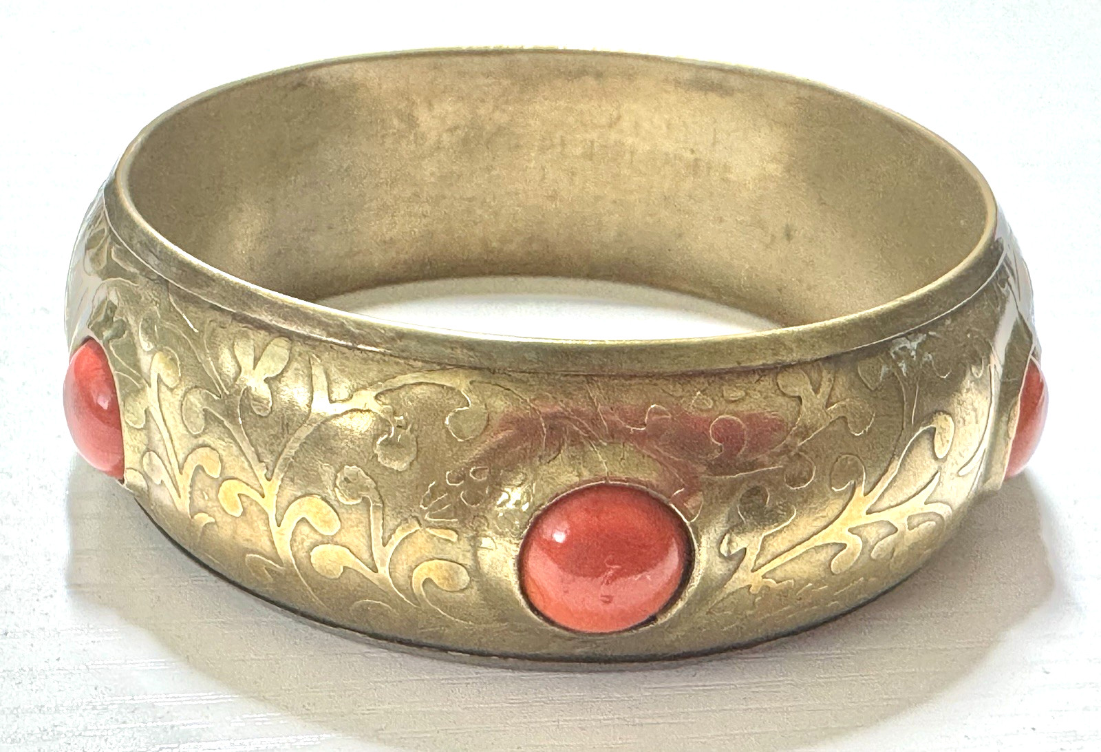 Vintage, Engraved Floral Patterns, Inlaid Red Cabochon Stones, Boho Brass Bangl