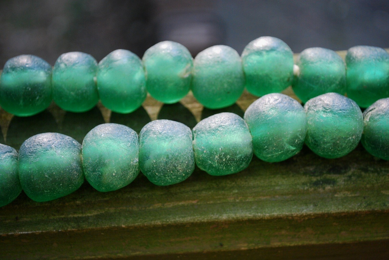 HUGE Recycled SEA GLASS STATEMENT NECKLACE Matte Green 23mm AFRICAN TRADE BEADS