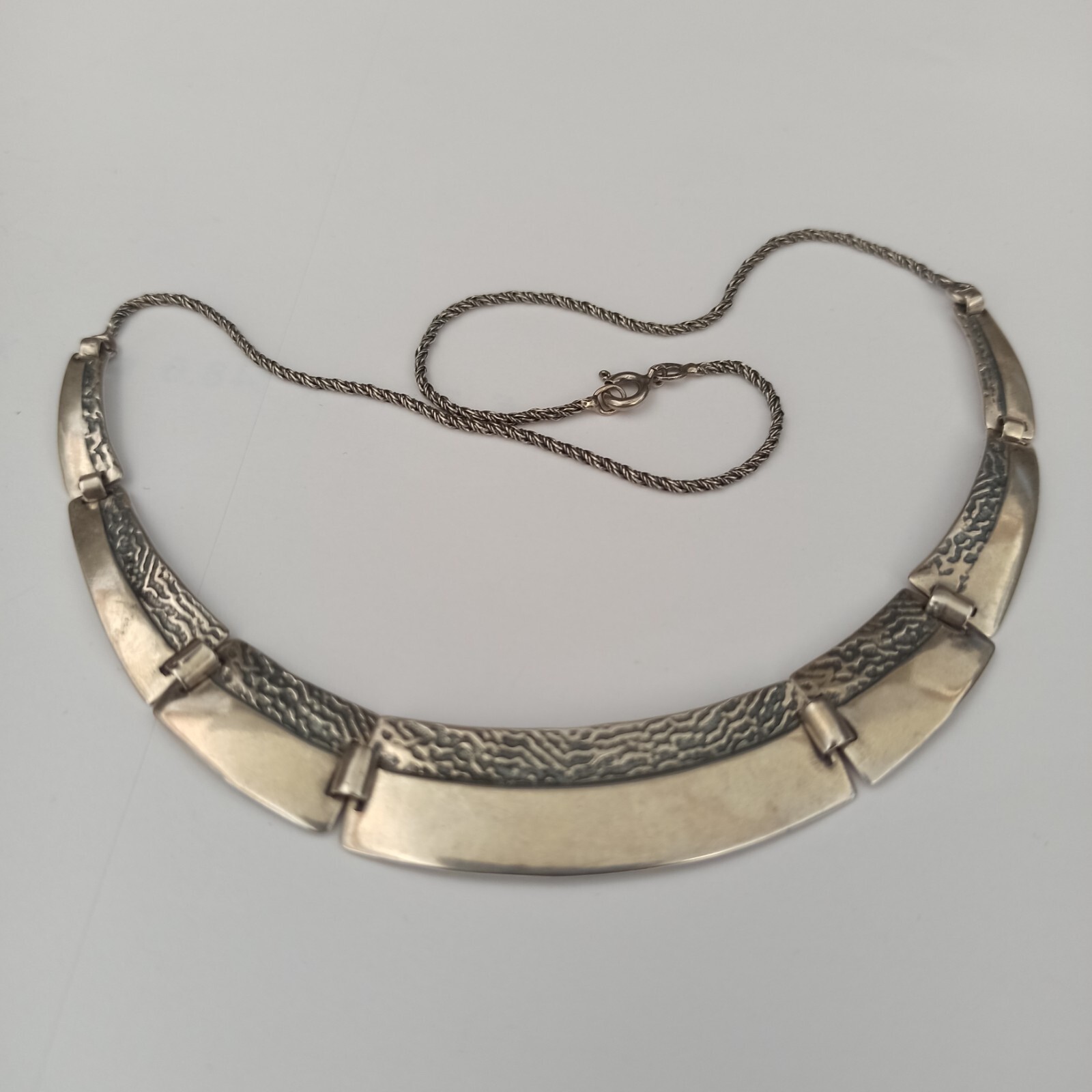 VTG Silver Artisan Necklace Modernist Articulated Links Textured Bib 90s Gift