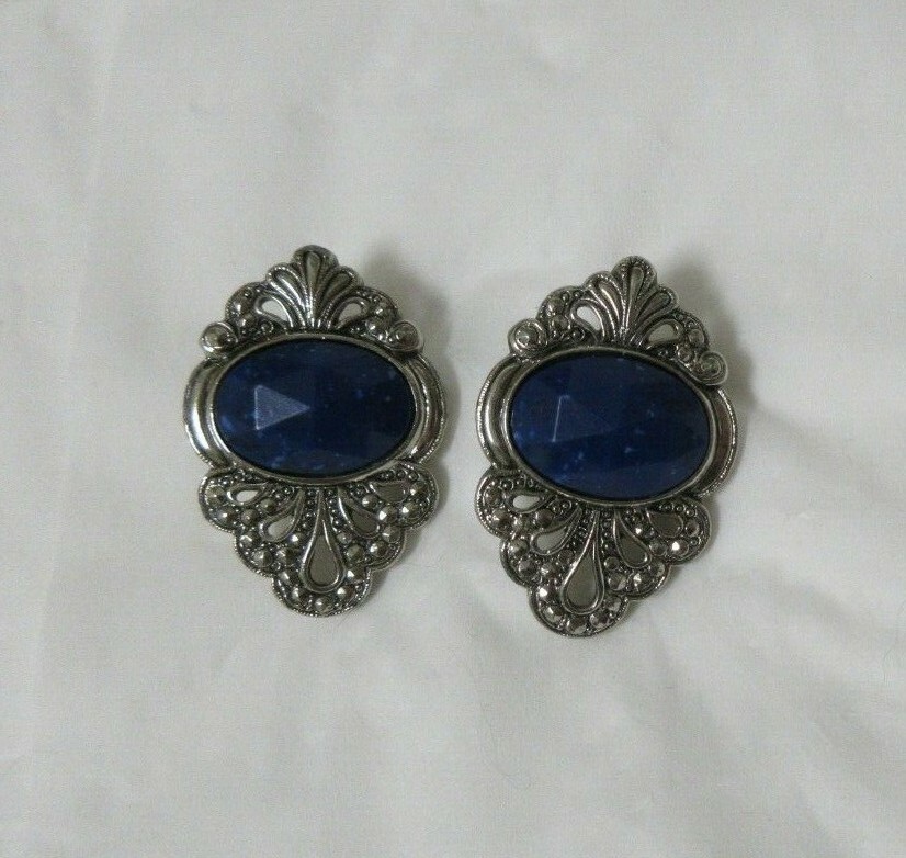 Vintage Silver Tone Faceted Blue with White Dots Faux Marcasite Pierced Earrings