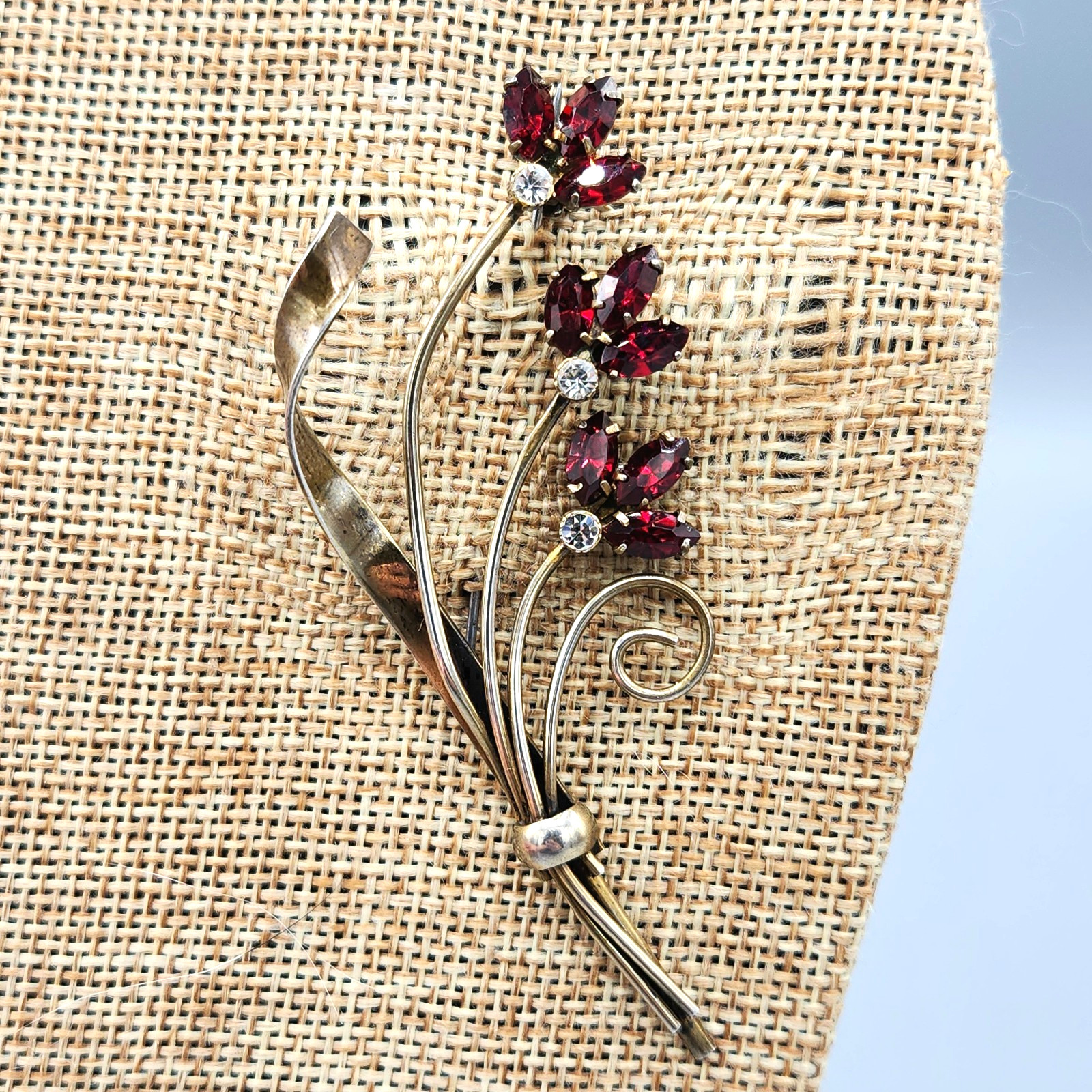 Retro Gold Wash Sterling Silver Siam Red Marquise Glass Flower Bouquet Brooch