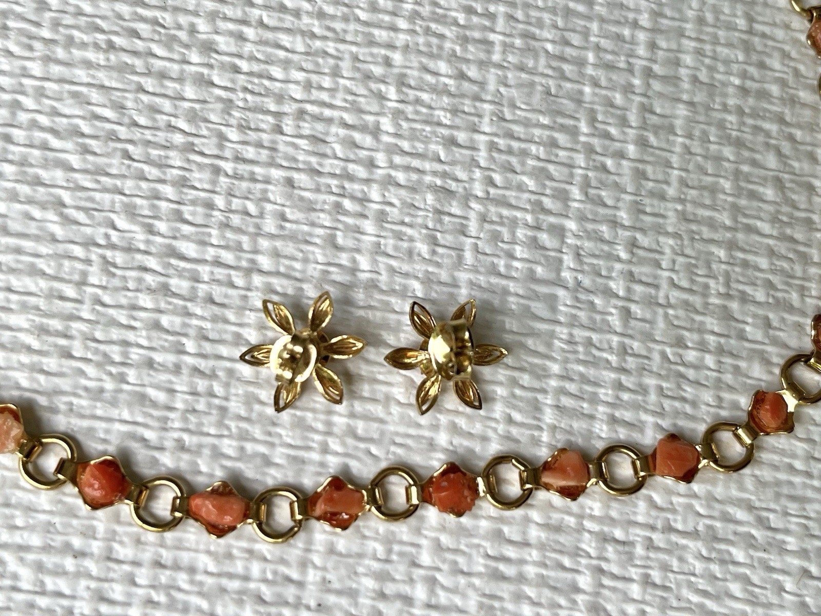 Vintage Coral Link Necklace & Earrings, Polished Natural Coral Gold-toned Links