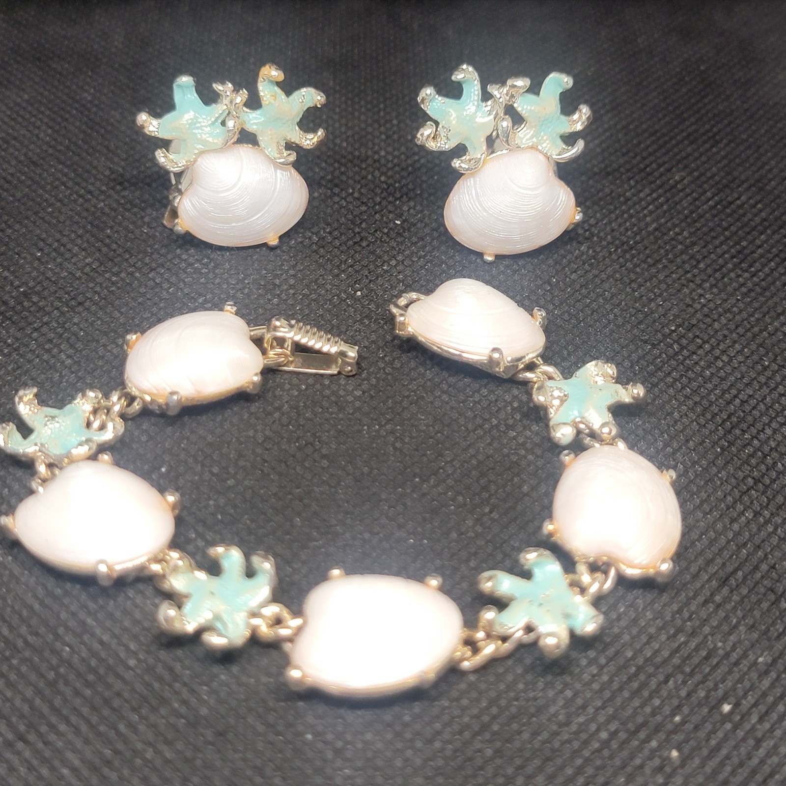 Vintage Bracelet Clip On Earrings Acrylic Shell Enameled Starfish Beach READ