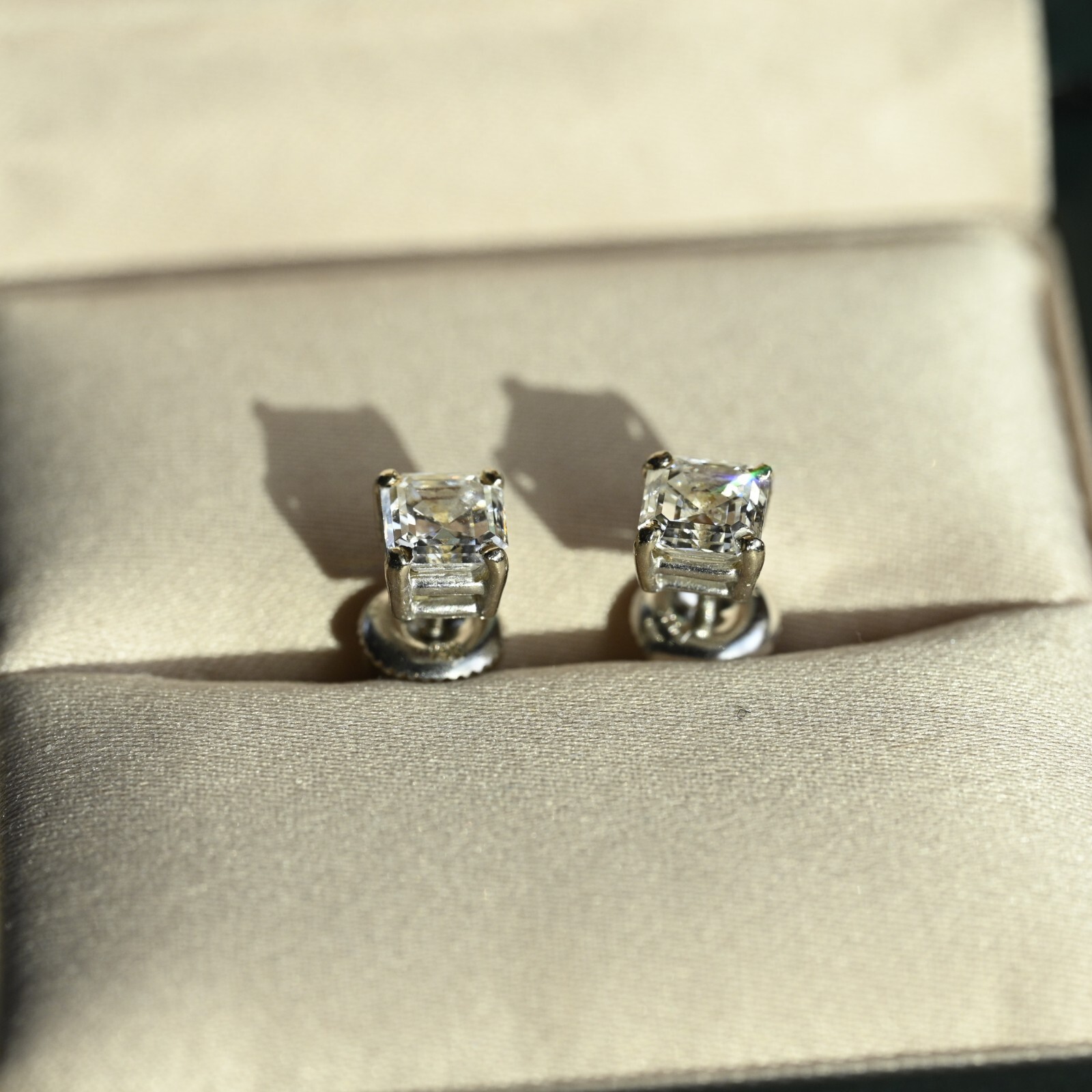 1.52 CTW Diamond Earrings Asscher VS1 E-F Excellent Cut 14k White Screw Stud
