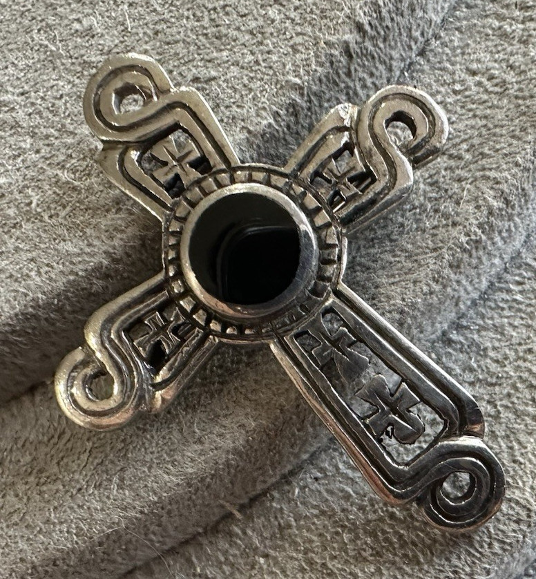 Vintage Sterling Silver Onyx Cross Brooch 2″