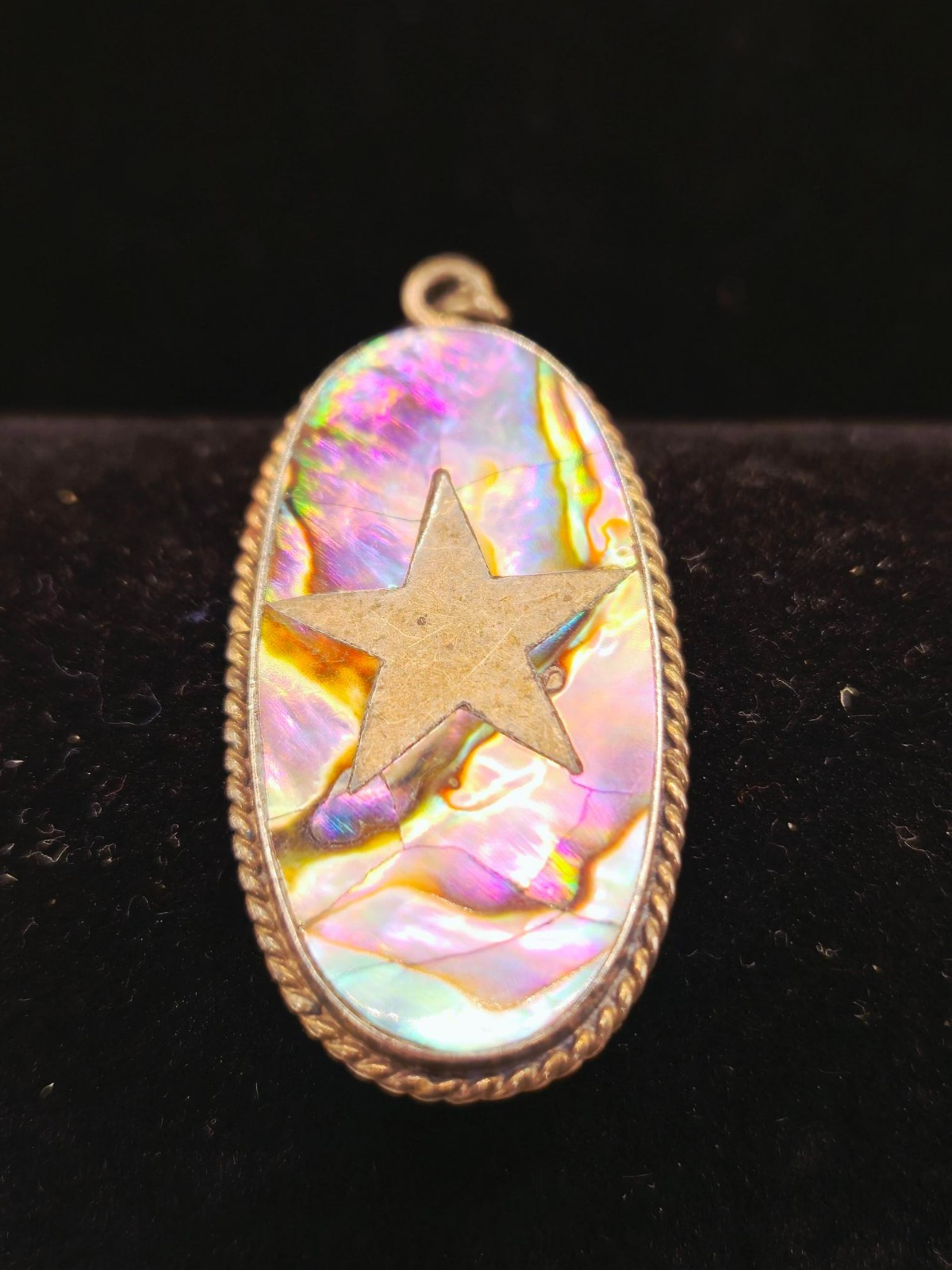Vintage Mexico 925 Sterling Silver Star Pendant Abalone Shell Inlay Rope Border