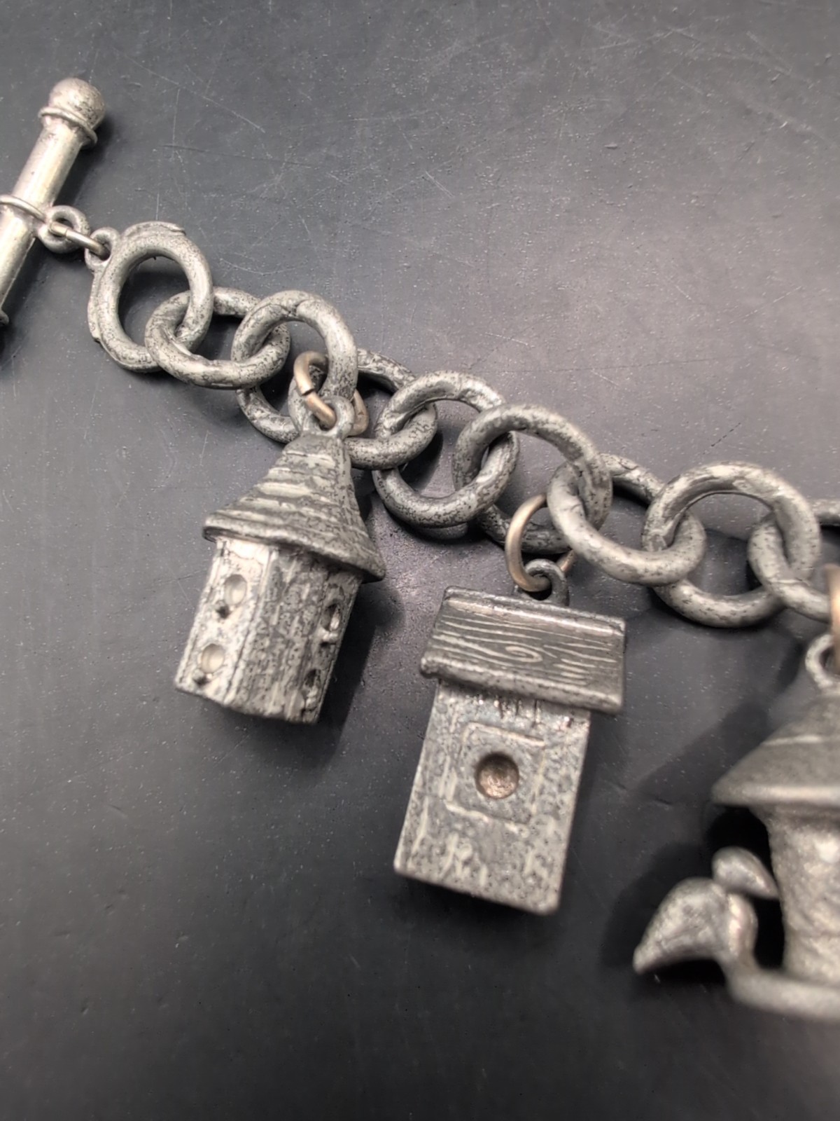 Vintage Jim Clift Pewter Signed Birdhouse/Bird Feeder Charm Bracelet Unique